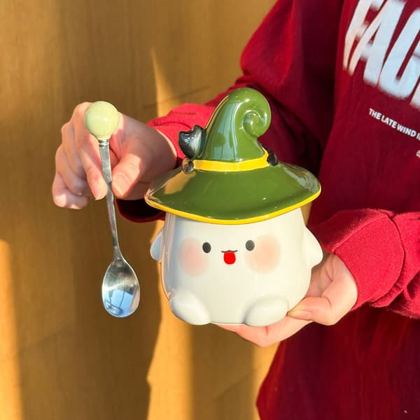 Söt spökkeramikmugg med häxhattslock, presentförpackning ingår
