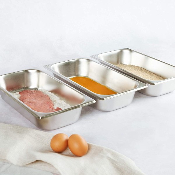 Effektiva paneringsbrickor i rostfritt stål för livsmedelsindustrin, designade för panering, högkvalitativt 3-delat set, stapelbara &amp; diskmaskinssäkra