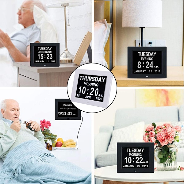 Visionär Tidmätare, Klocka med Dag och Datum, Extra Stor Display Digital Kalender, Automatisk Dimning IPS-Skärm, Alarm och Medicinpåminnelse (8\")
