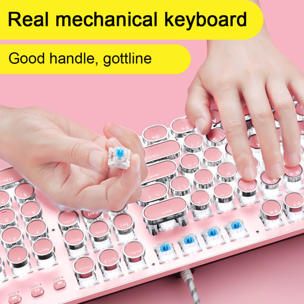 Retro Mekanisk Gaming Keyboard 104 Key, LED-bakgrunnsbelyst tastatur