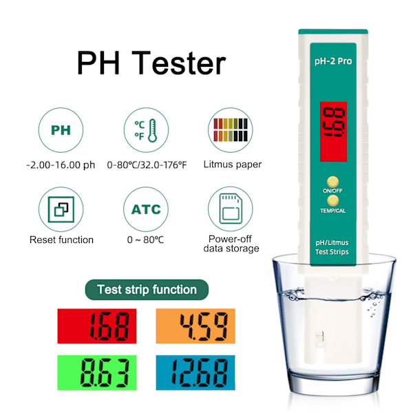 PH-meter Digital PH-tester Pen med teststrimmelfunktion Termometer til drikkevandspool