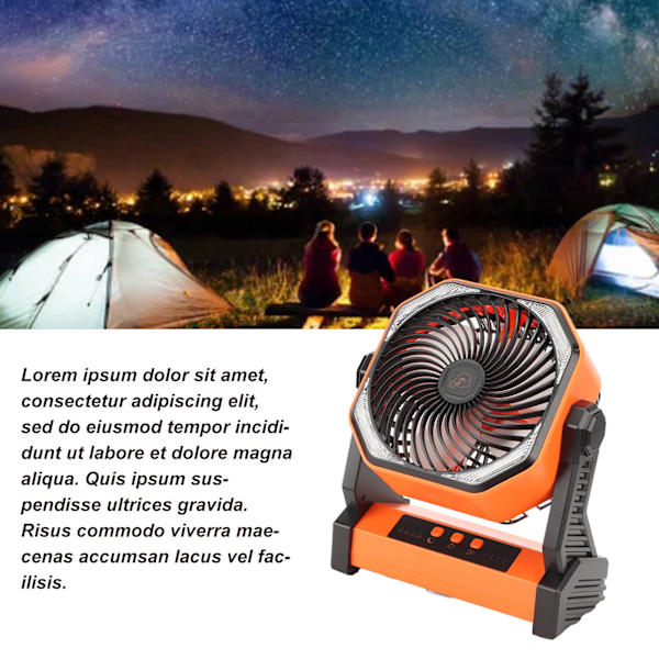 Campingfläkt med LED-lykta 4 nivåer 270 graders svängbar stor luftvolym USB uppladdningsbar utomhustältfläkt med ljuskrok orange