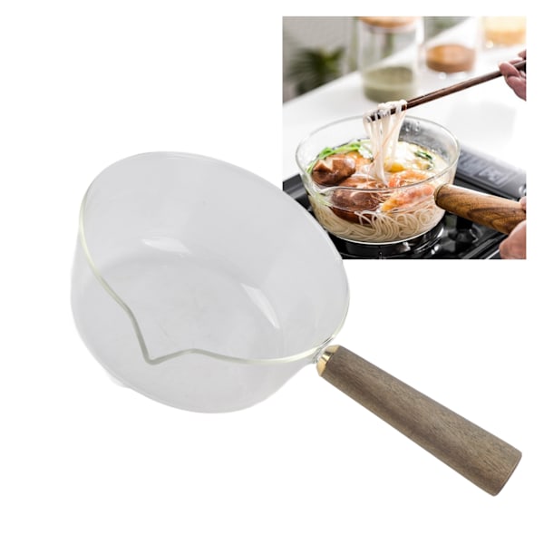 Glass Milk Pot with Wooden Handle V Shaped Spout Noodles Saucepan Home Kitchen Cookware Accessory600ml