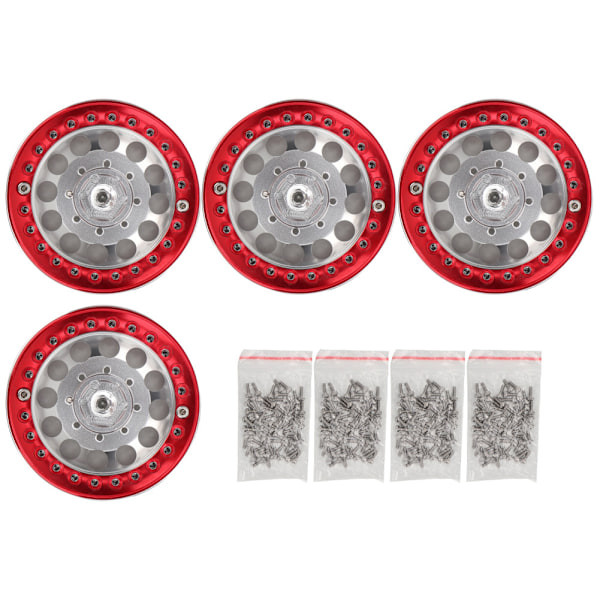 4 kpl 1,9 tuuman alumiinista valmistetut Beadlock-vanteen vanteet ja navat SCX10 1/10 RC-mallinnusautoon (hopea-punainen)