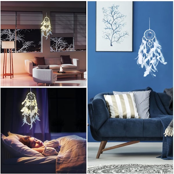 Stor Böhmisk Heminredning, Perfekt Gåva LED Ljus Dream Catcher, Halvcirkel Måne Dekor, Handgjorda Fjäderdrömfångare för Sovrum Väggupphängning