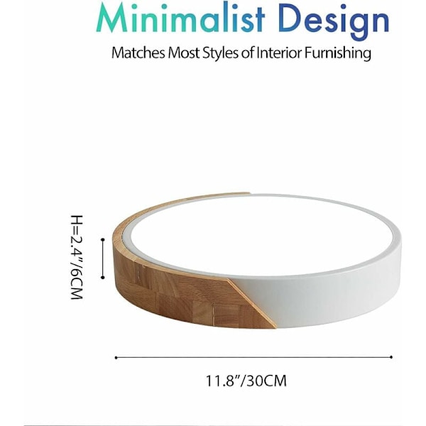 Dimbar Vit LED Taklampa, 24W Ek & Järnram, Energibesparande Icke-dimbar Lampa med Vit Frostat Akryl Lampskärm för Minimalistisk Inredning