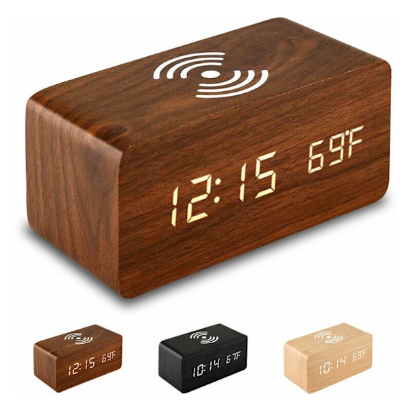 Stilren digital väckarklocka med Qi trådlös laddning, elegant modern design, snabb trådlös laddare för sovrumsskrivbord, 0-99% dimmerdisplay, dubbel