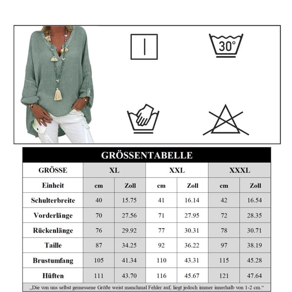 Linbluse damebluse tunika V-hals bluse skjorte langermet skjorte