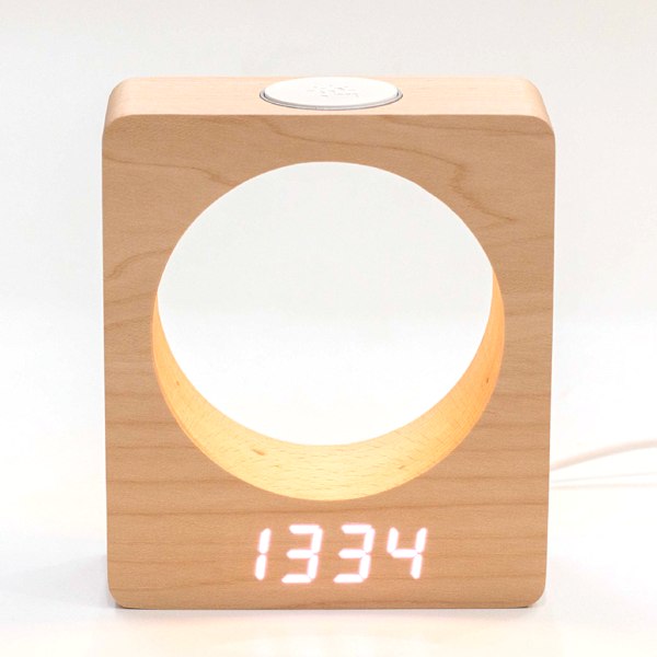 Klocka i massivt trä, stilren trädesign med justerbar volym, displaydimmer, dubbla alarm, snabbare trådlös laddning för sovrum, skrivbord, kontor (högljudd)