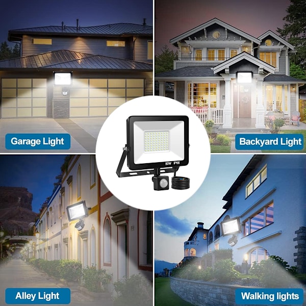 Superstark LED-strålkastare utomhus, energibesparande rörelsesensor säkerhetslampa med IP66 vattentätt skydd, Plug and Play-installation för