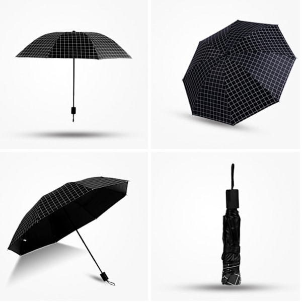 Bärbart Paraply Tri Fold 8 Ribbor Regn Sol Dubbel Användning Vindtätt Vikbart Rutmönstrat Paraply för Utomhusresor Svart