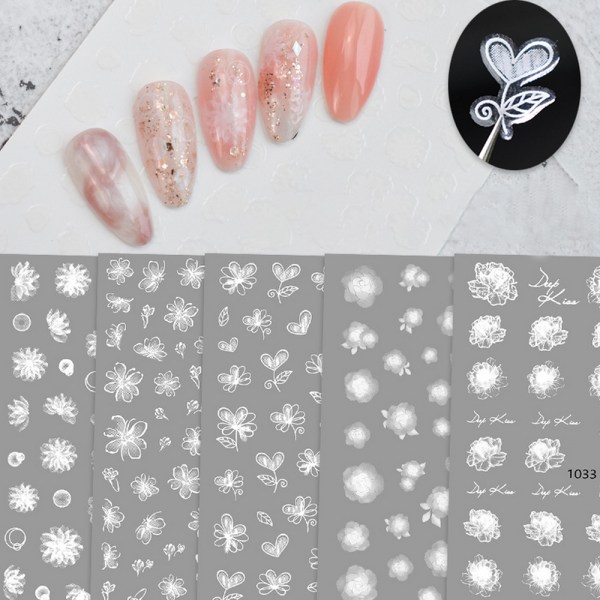 White Flower Nail Art Stickers, 3D Selvklæbende Udsøgt