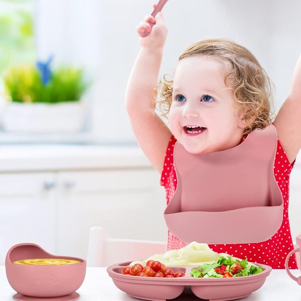 Komplementær silikon tallerken for barn, baby-tallerken med smil, 6-delt bestikksett