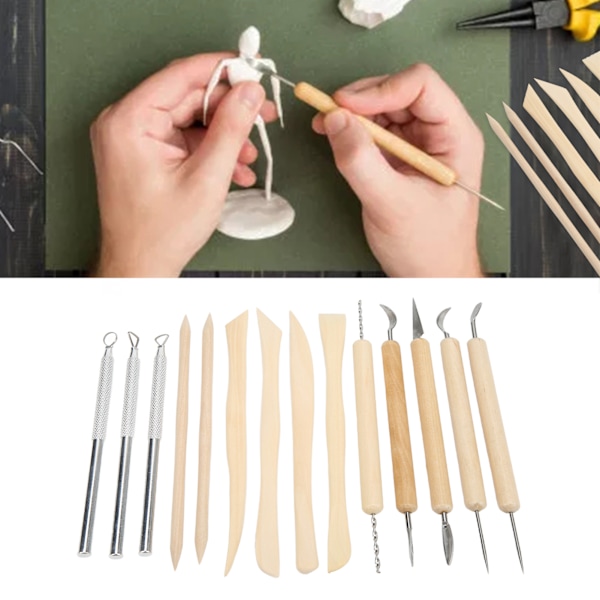 14Pcs Polymer Clay Tools Durable Wood Stainless Steel Wooden Handle Double Sided Design Widely Used Clay Sculpting Tools