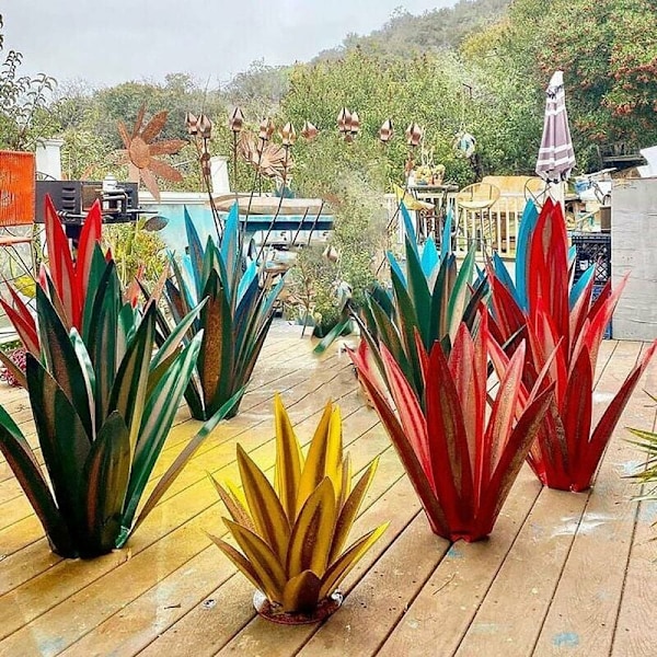 Agave Trädgårdskonst i Metall: Konstgjorda Agaveväxter Utomhusdekor, Unik Design Handmålad Rustik Trädgårdsdekor, Trädgårdsskulpturer i Metall