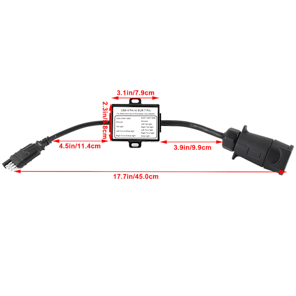 Tilhengerkontakt lysomformer USA 4-pin til EUR 7-pin adapter stopp/bremsesignal separering