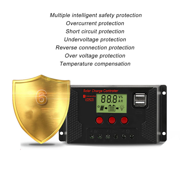 Solcellecontroller PWM 12V 24V Automatisk tilpasning LCD-display USB-port Solregulering 50A