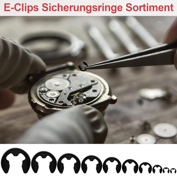 E-clips i rostfritt stål, värmebehandlade låsringar för bred användning, mångsidigt sortiment av låsringar med transparenta förvaringslådor (120