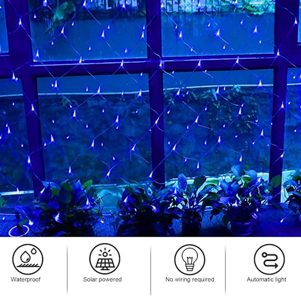 Solcelledrevet LED-netmesh-lyssnor til udendørs brug, vandtæt, dekorativt lys til helligdage (1,5 m x 1,5 m), blå