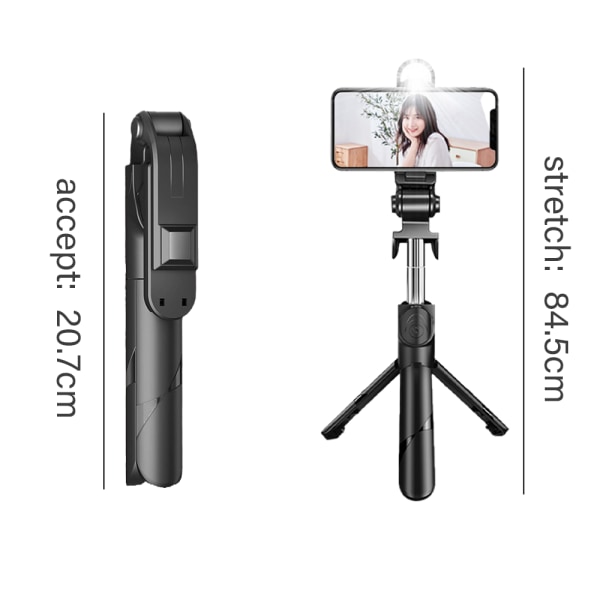 Selfie Stick-stativ med fjernbetjening og LED-lys, kan forlænges