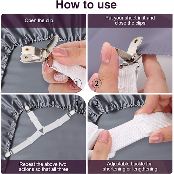 Innovativa lakanhållare för halkfri, stabil triangulär design, mångsidiga lakanfästen, fullt justerbar längd med kraftiga elastiska band