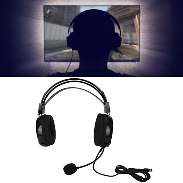 Gaming Headset med kabel, bekväm, multifunktionell, flerfärgad RGB-hörlur med rundupptagande mikrofon, svart