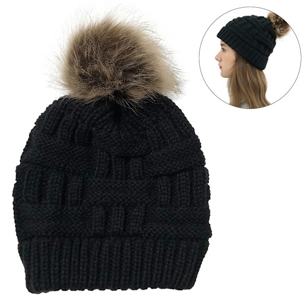 Ladies warm hat with ponytail hole button