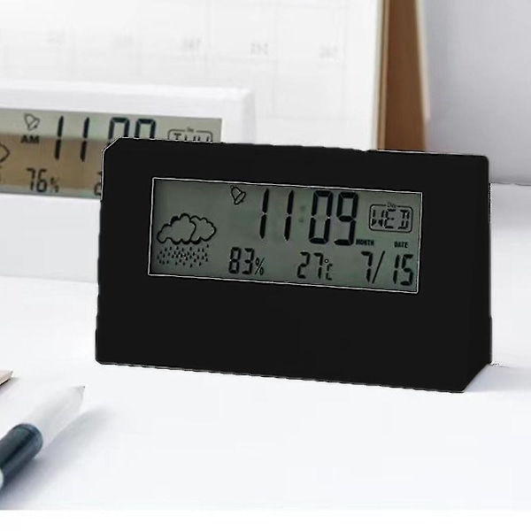 Digital Väckarklocka med Smart Ljusfunktion, Evighetskalender, för Modern Transparent Design Hemmakontorsinredning (Svart Transparent)