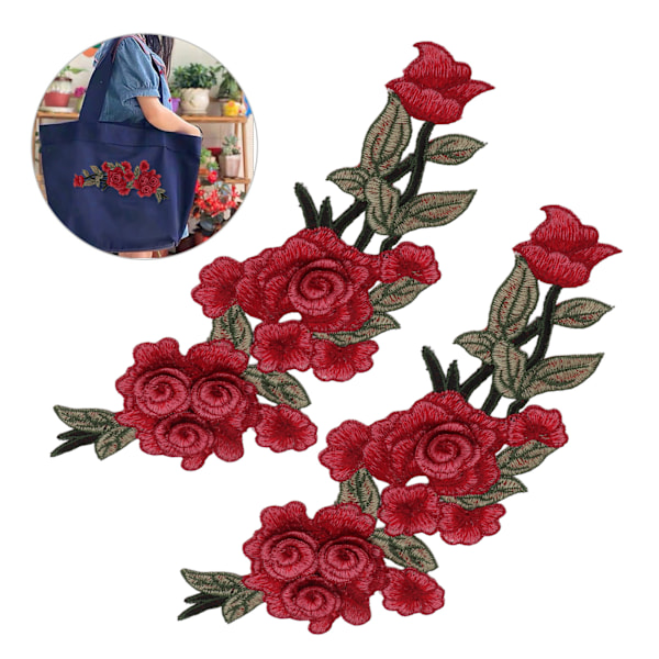 2 st broderade lappar röda blommönster handgjorda DIY sylappar för kläder ryggsäck filt