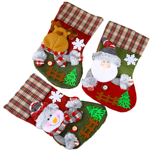 Festlig Julstrumpa Set, Karaktär Jultomte Snögubbe Ren Design, 3D Applikation Design Applikationer för Familjehelgdekor, Högkvalitativt Linne