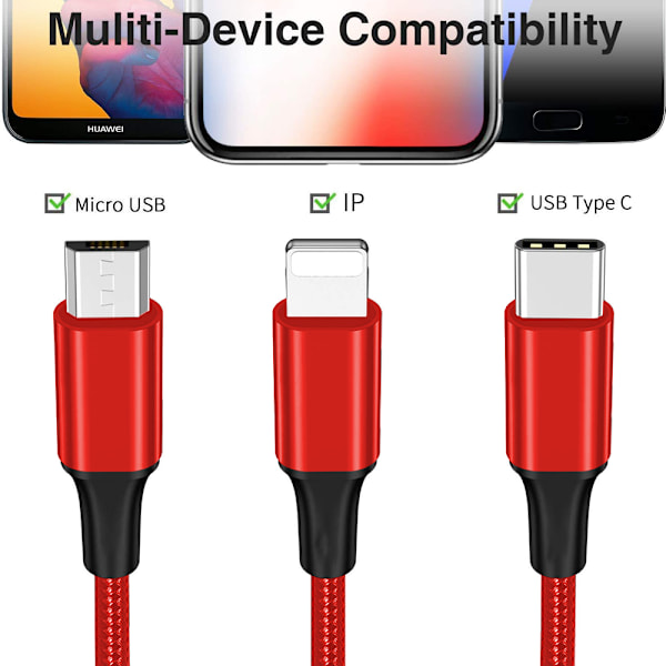 1,2 m Multiladdningskabel 3A, 3-i-1 USB-laddningssladd med