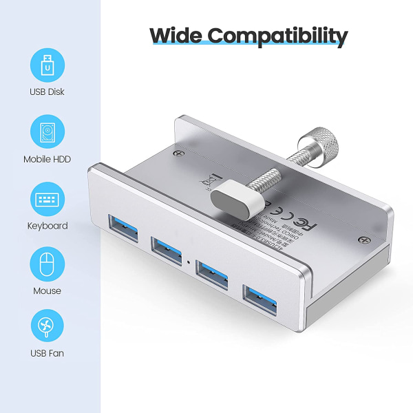 USB 3.0 Hub Clamp Adapter, Aluminium 4-Port USB Splitter med