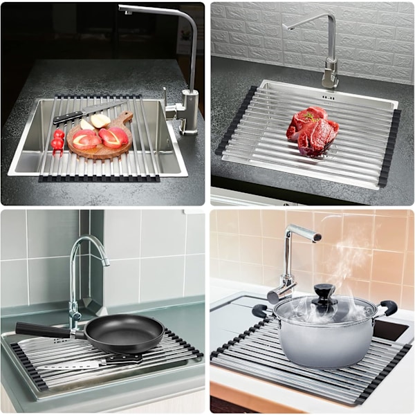 Hopfällbart diskställ för diskho, rostfritt stål, effektiv köksorganisation, värmebeständig och halkfri design, mångsidig