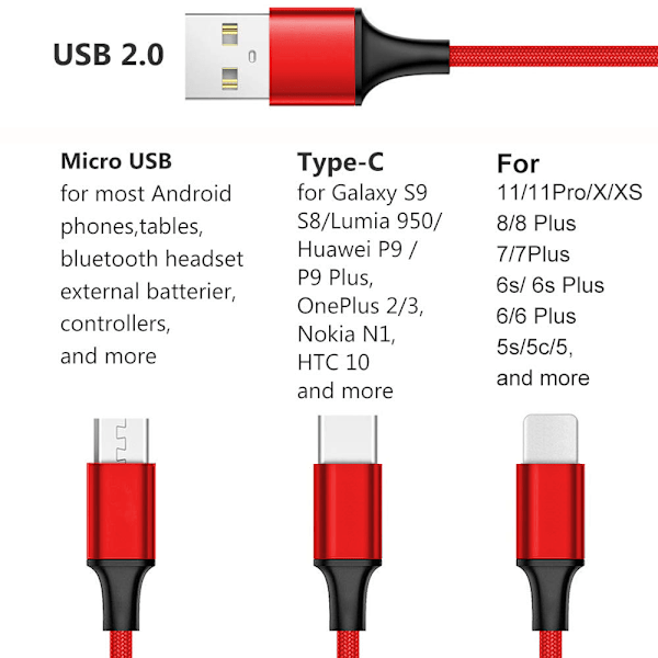 1,2 m Multiladdningskabel 3A, 3-i-1 USB-laddningssladd med