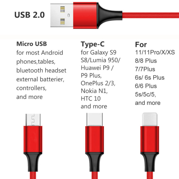 1,2 m multiladekabel 3A, 3-i-1 USB-ladeledning med
