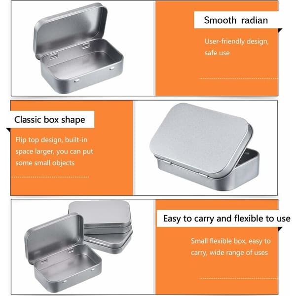 Set med 3 tomma gångjärnsförsedda rektangulära burkar i silvermetall, bärbara mini