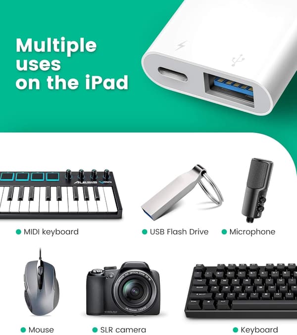 Adapter Data 2-i-1 OTG-adapterkabel. USB-adapter for iPhone/iPad, LᎥghtnᎥng til USB hun-OTG-adapter, USB3 til iPad-adapter med lading