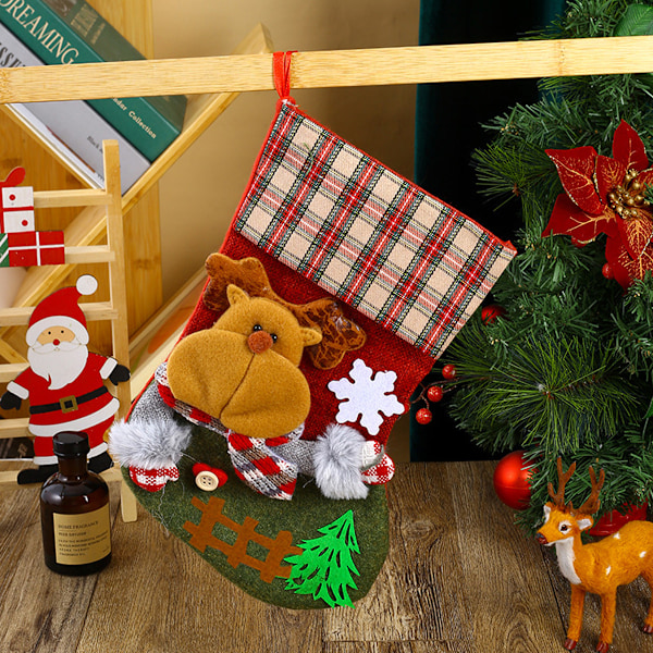 Festlig Julstrumpa Set, Karaktär Jultomte Snögubbe Ren Design, 3D Applikation Design Applikationer för Familjehelgdekor, Högkvalitativt Linne