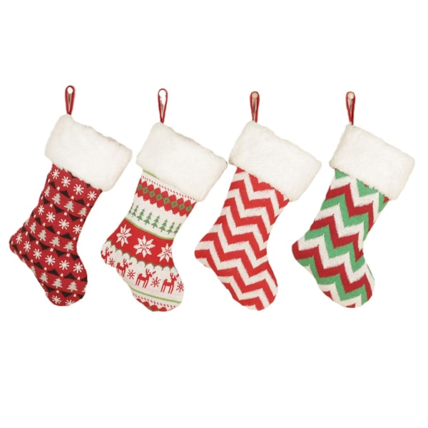 Julstrumpor för Familjehelg, Stickade Rustika Julstrumpa Ornament Set för Dekorationer (Klassisk Röd Buffelpläd, 4)