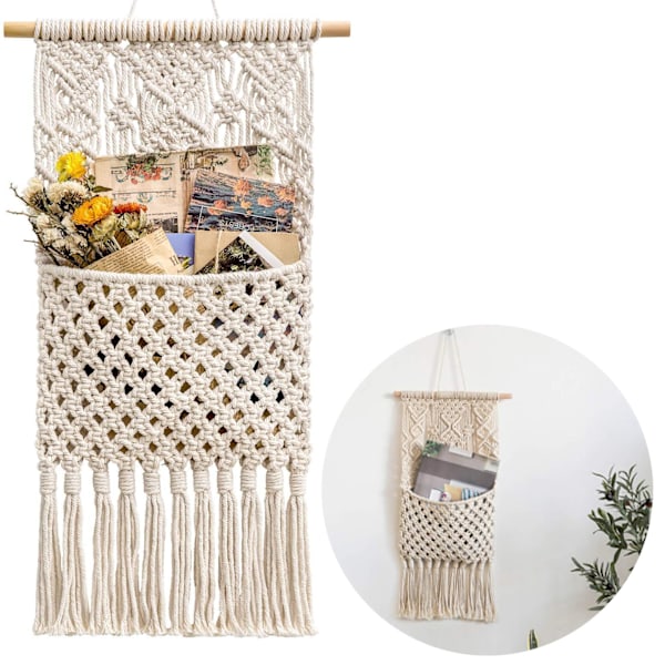 Elegant Förvaring Boho Makramé, Väggorganisatör Med Bohemisk Tidskriftshållare För Vardagsrum Sovrum, Dekorativ Och Funktionell Bomullsrepsförvaring