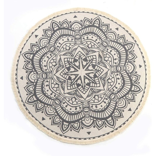 Pyöreä puuvillamatto hapsuilla Käsinkudottu tyylikäs boheemi mandala-kuvioinen puuvillamatto 90x90cm Konepestävä, ihanteellinen olohuoneeseen, makuuhuoneeseen
