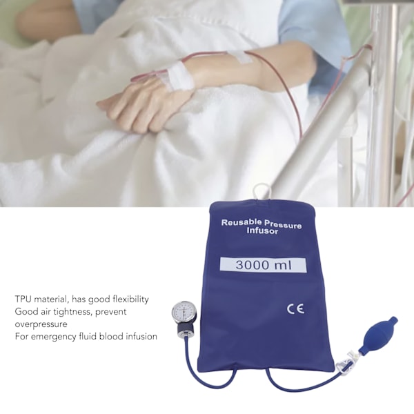 3000 ml tryk infusionspose med pumpe og metalmåler til hurtig infusion af væskeblod Blå