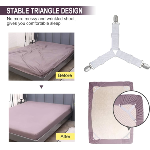 Innovativa lakanhållare för halkfri, stabil triangulär design, mångsidiga lakanfästen, fullt justerbar längd med kraftiga elastiska band