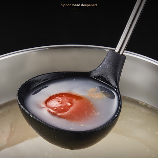 Ergonomisk slev i rostfritt stål, spegelpolerad finish, bekväm att arbeta med, rostbeständig, lätt att rengöra, diskmaskinsäker för non-stick
