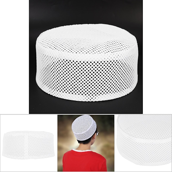 Polyester Mixed Cotton Cloth Muslim Prayer Hat Islam Man Embroidery Hat(White 57cm)