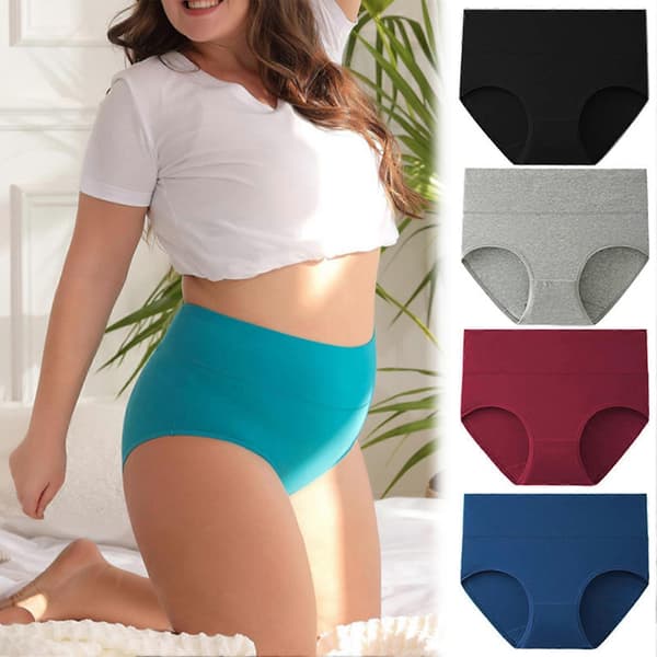 4-pack underkläder i bomull för kvinnor, plus-size, hög midja, magkontroll, heltäckande trosor A L