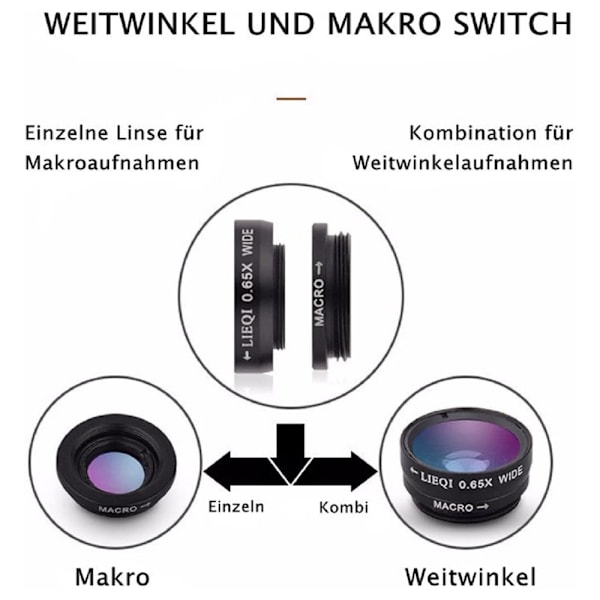 3-i-1 Universal Fisheye Vidvinkel Makro Clip Kameraobjektiv Kit