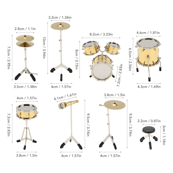 8 stk Mini Trommesett Modell Metall Attraktiv Dekorativ Levende Stil Dukkehus Instrumenter Modell for Dekorasjon Ornamenter