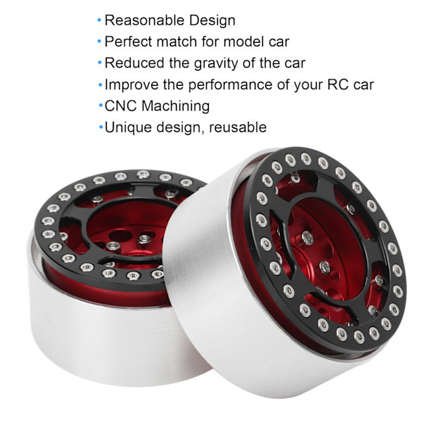 2 stk 1,9 tommers Beadlock-hjul i aluminiumlegering CNC-bearbeiding Universal RC-hjul for Crawler Red