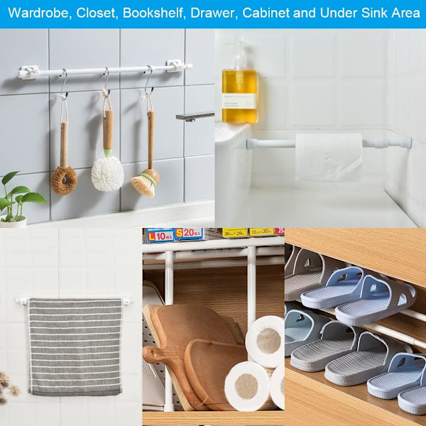 Utdragbara spännstänger, anpassningsbar längd, fjäderspänning, högkolstål, halkfria ändar, enkel installation för fönster, garderob, kök, badrum